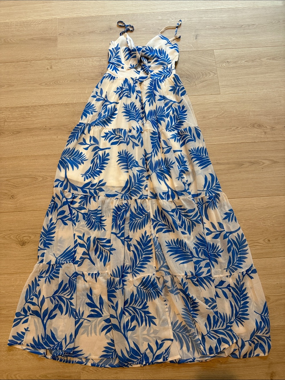 Vici Cream Dress with Bold Blue Leaf Print